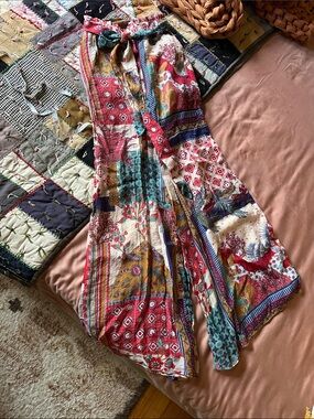 Boho Floral Patchwork Wide Leg Pants in Red & Teal